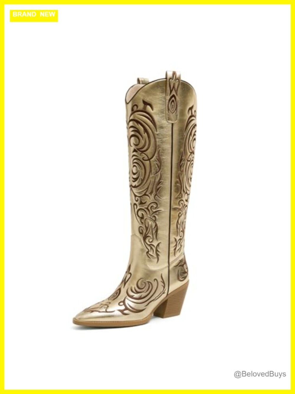 Knee-High Western Boots Pointed Toe Faux Leather Embroidered